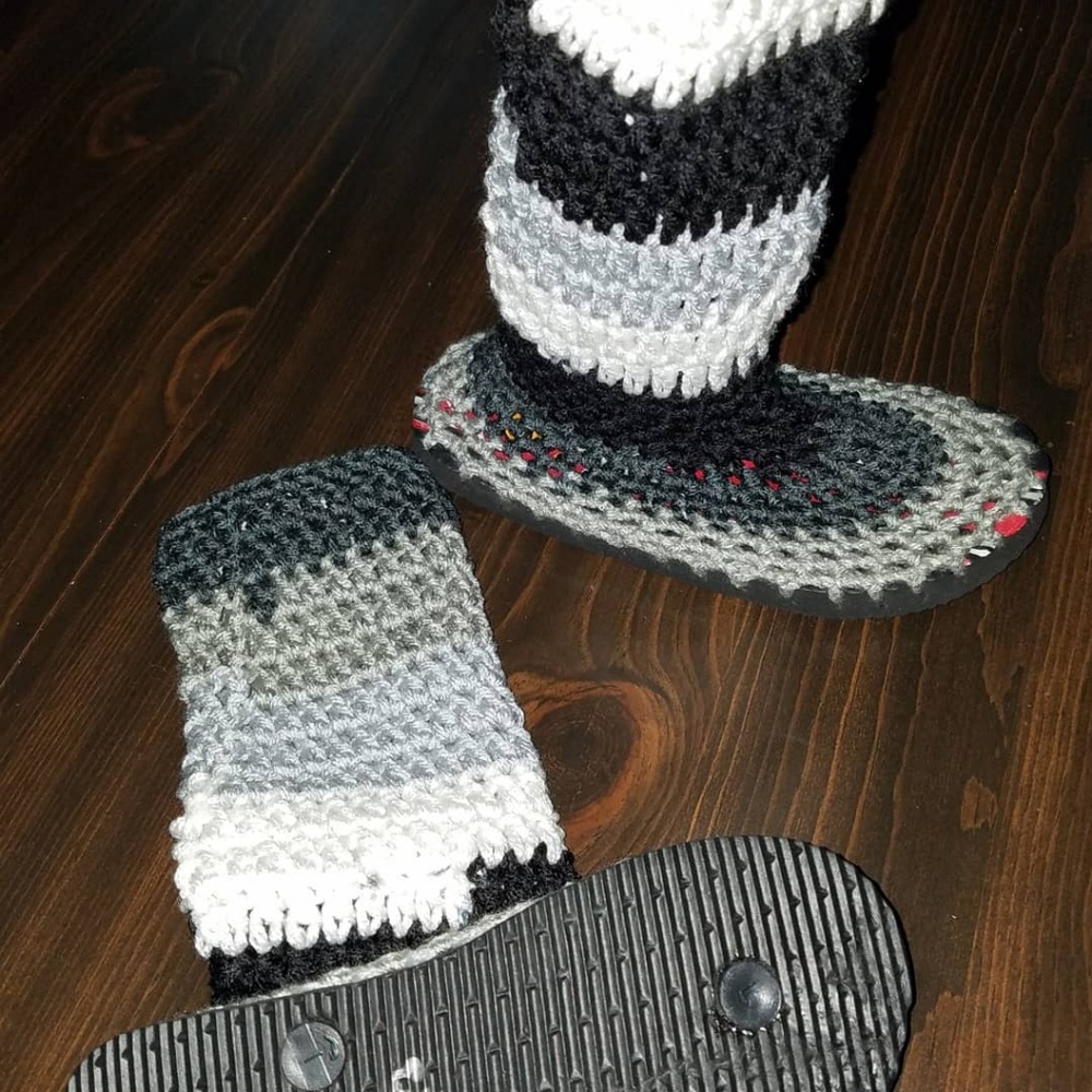 Hand crocheted childs boots with flipflop bottoms